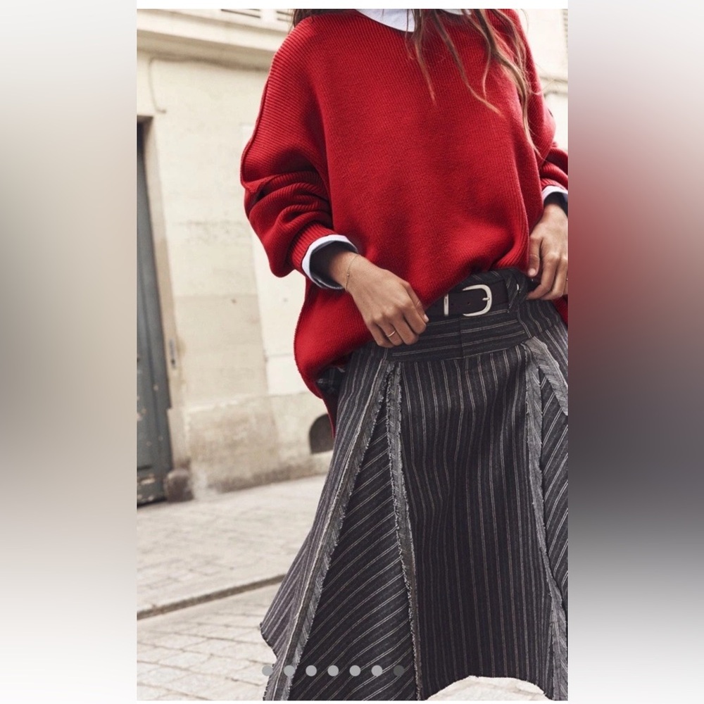 Free People Amelia Midi Skirt Pinstripe Pattern Frayed Seam Grey Combo - Picture 7 of 9
